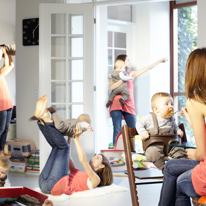 A young mom is doing her daily activities with her baby. Such as feeding, playing, and looking out the window.